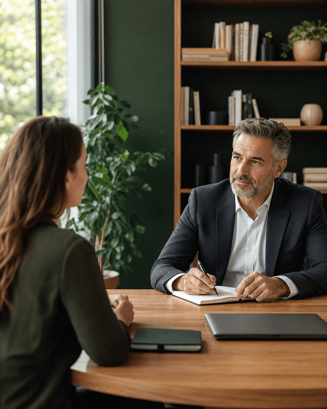 Entretien entre un dirigeant Tech IA et un candidat dans un contexte de recrutement