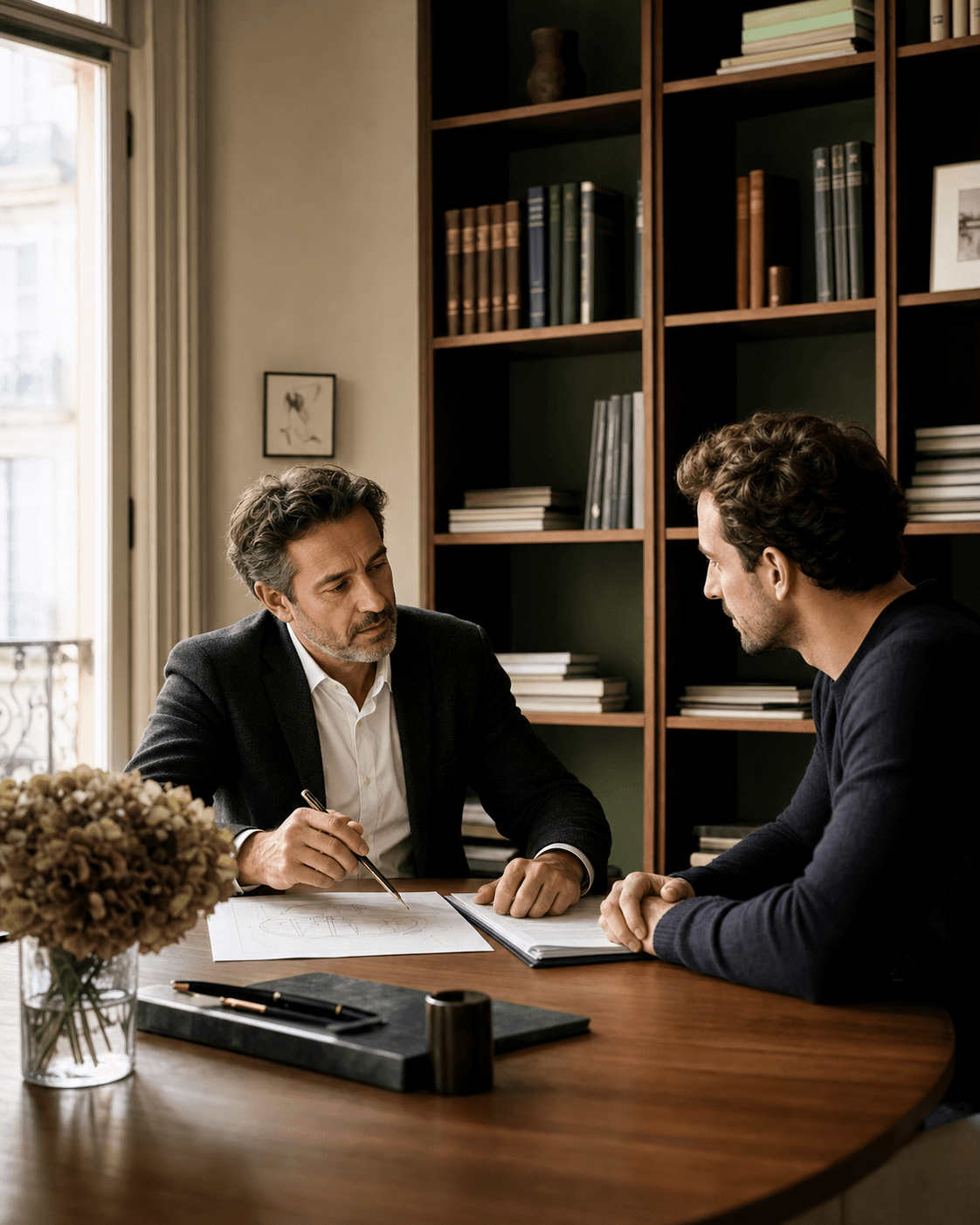 Courtier échangeant avec son client autour d’un dossier d’assurance
