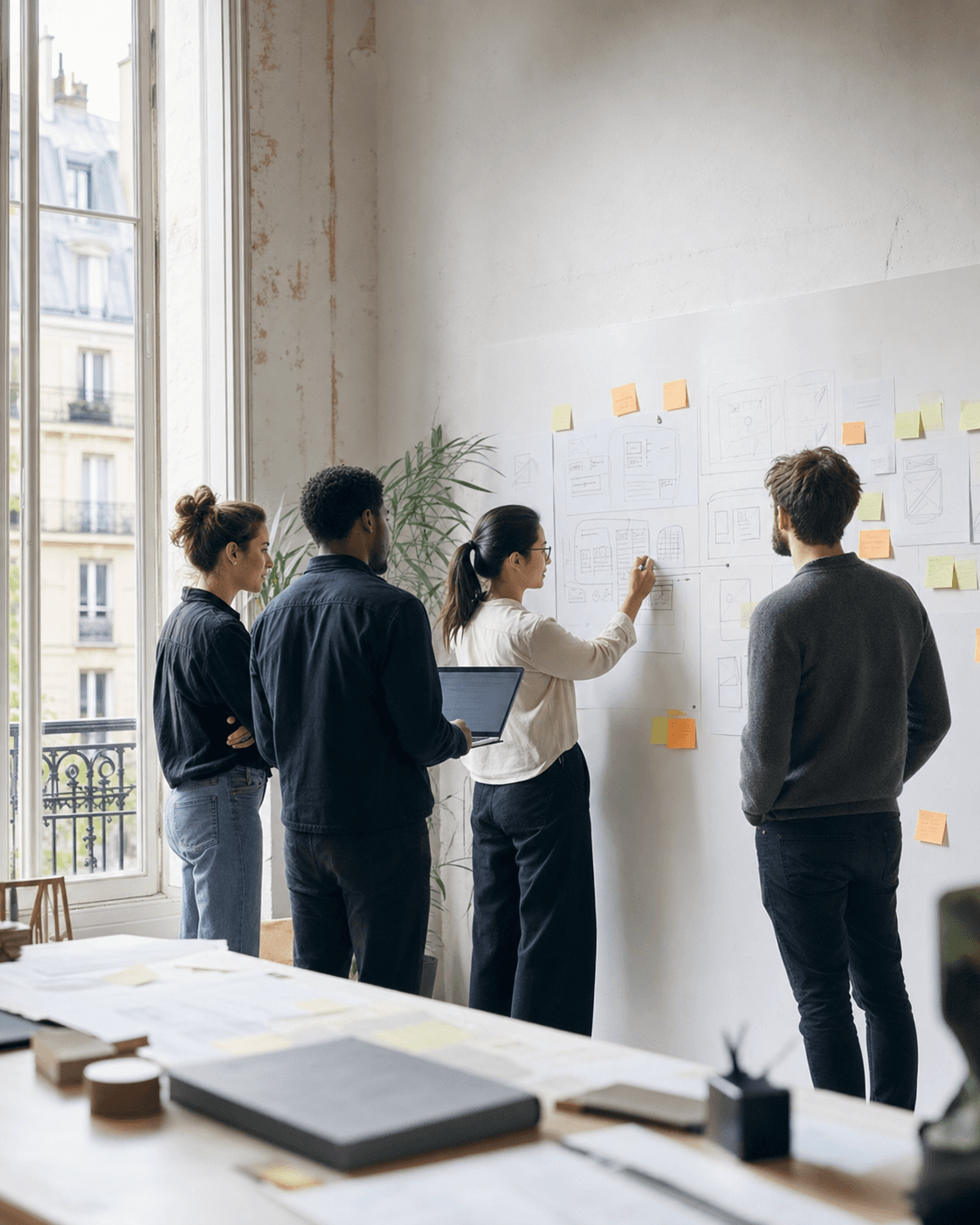 Équipe insurtech concevant un produit dans un atelier de travail