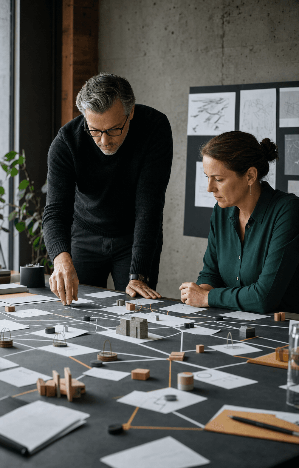 Architecte et responsable métier concevant les flux d’une solution IA