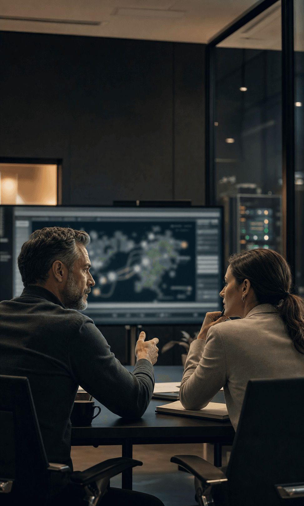 Responsables cybersécurité et risques assurance analysant un scénario de sécurité IA